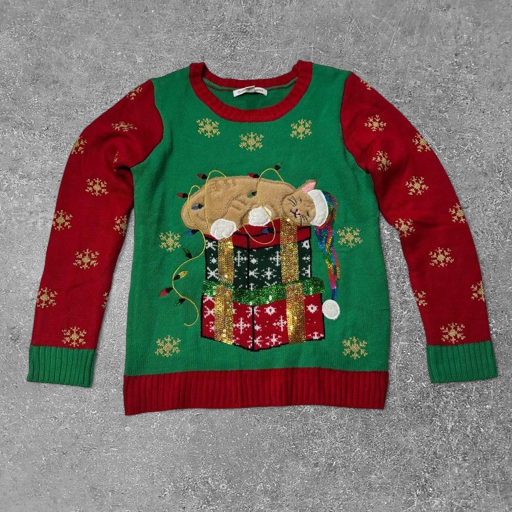 Celebrate Together Kids XL Christmas Sweater Green Red Cat Holiday Snowflake